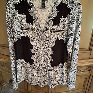 INC International Concepts Black and White Lace Long Sleeve Top